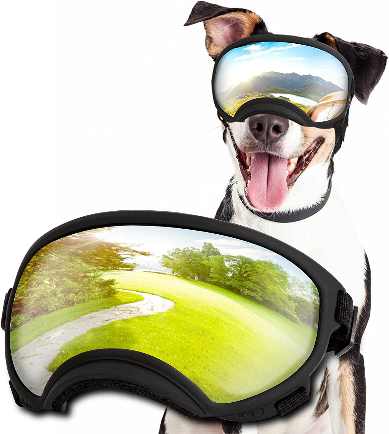 Safety Sunglasses for Dogs with Adjustable Straps and Clear Curved Lenses for All-round Vision