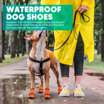 Waterproof Dog Shoes Fluorescent Orange Dog Boots Adjustable Straps and Rugged Anti-Slip Sole Paw Protectors